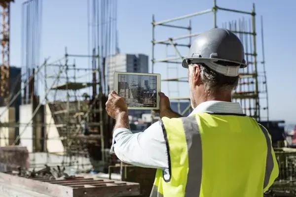 Construction professional holding a tablet to illustrate golden thread training